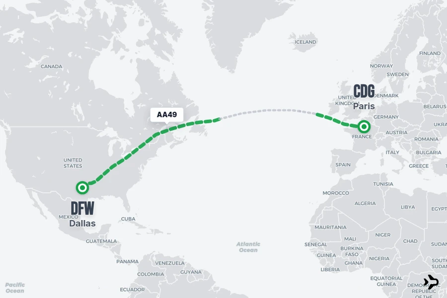 AA49 flight map from CDG to DFW