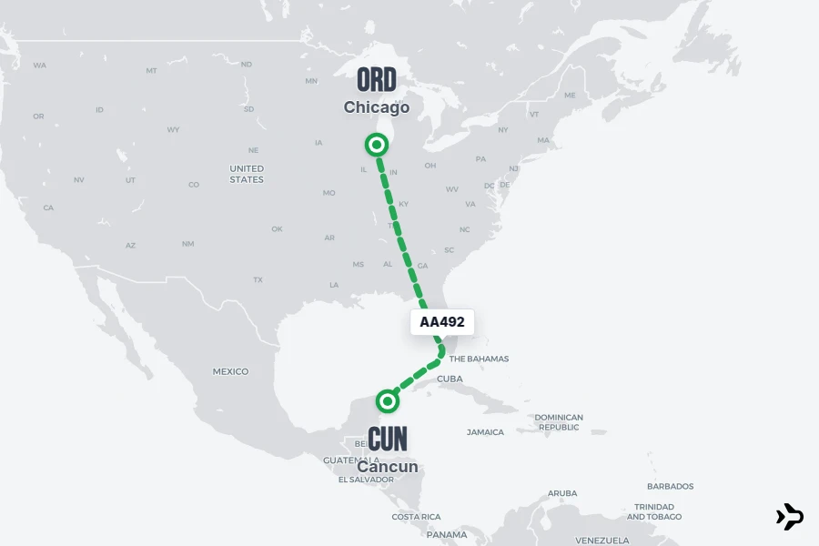 AA492 flight map from ORD to CUN