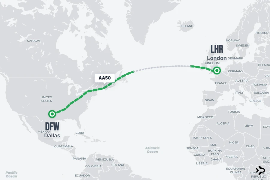 AA50 flight map from DFW to LHR