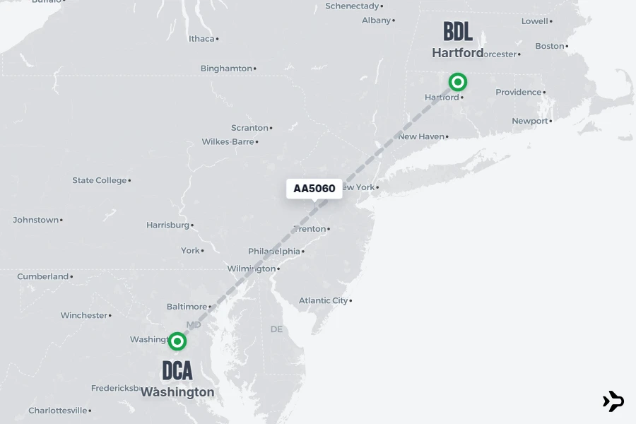 AA5060 flight map from BDL to DCA