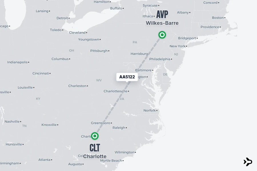 AA5122 flight map from CLT to AVP