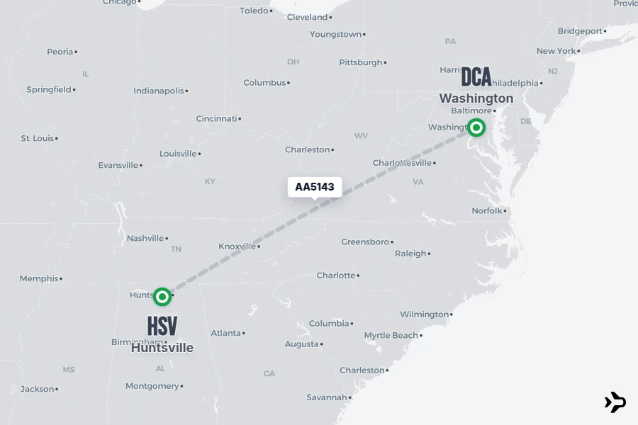 AA5143 flight map from DCA to HSV