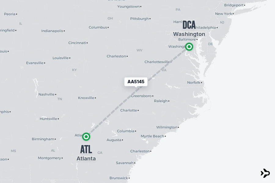 AA5145 flight map from DCA to ATL