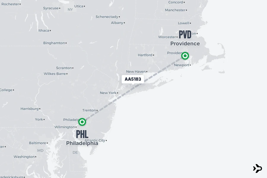 AA5183 flight map from PHL to PVD