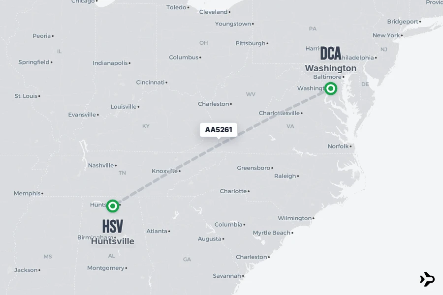 AA5261 flight map from DCA to HSV
