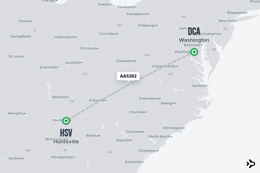 AA5262 flight map from DCA to HSV