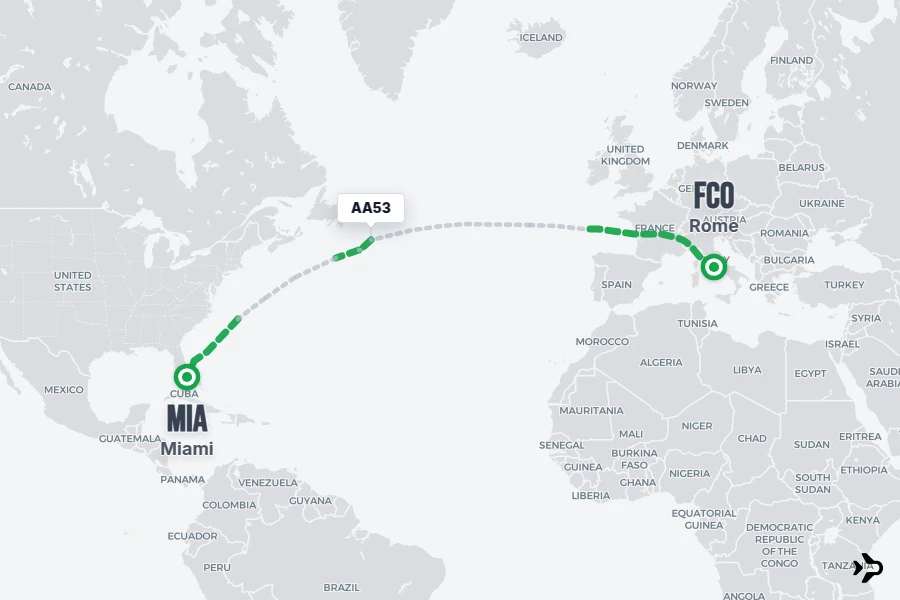 AA53 flight map from FCO to MIA