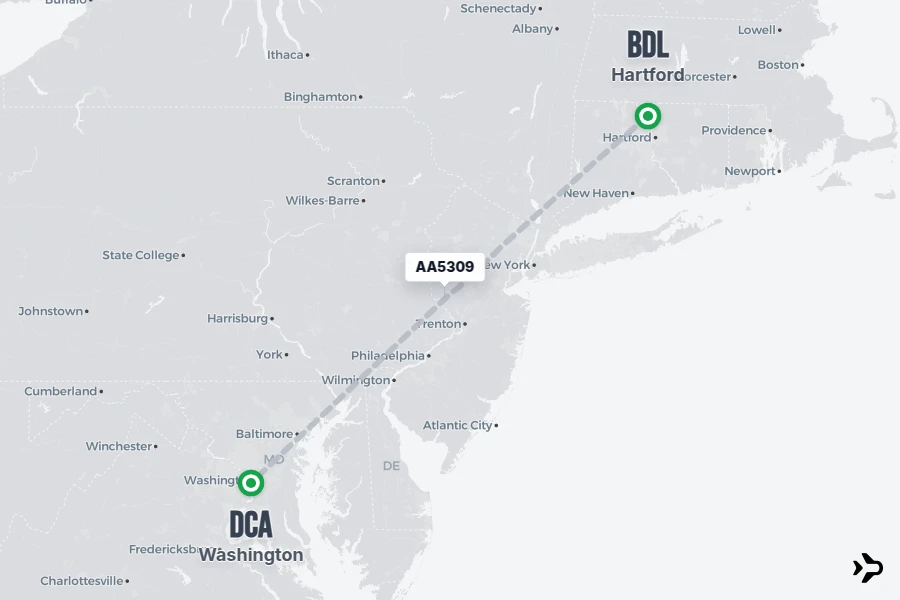 AA5309 flight map from BDL to DCA