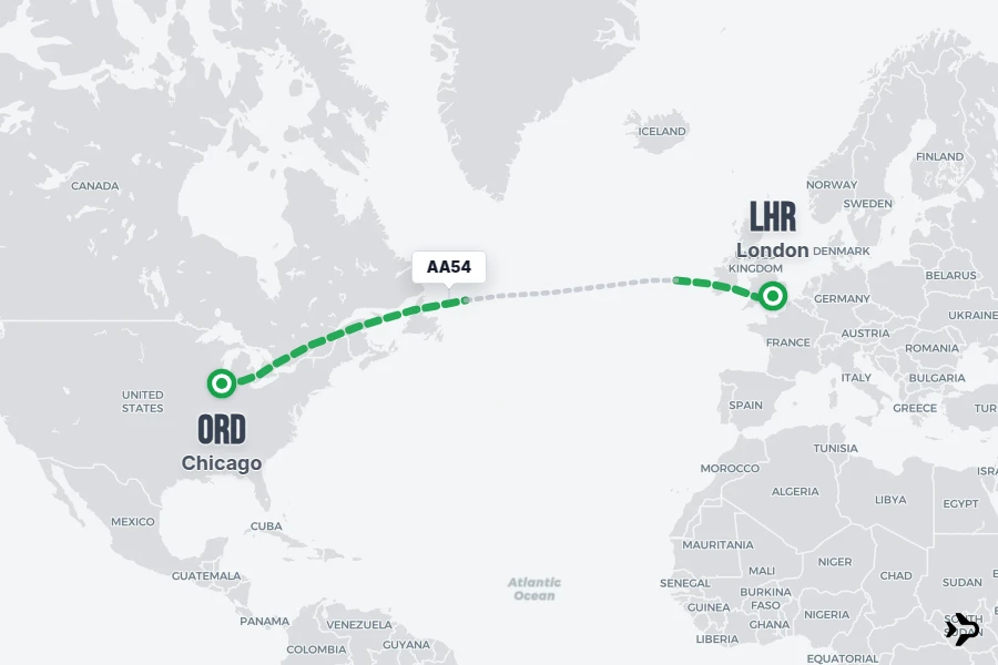 AA54 flight map from ORD to LHR