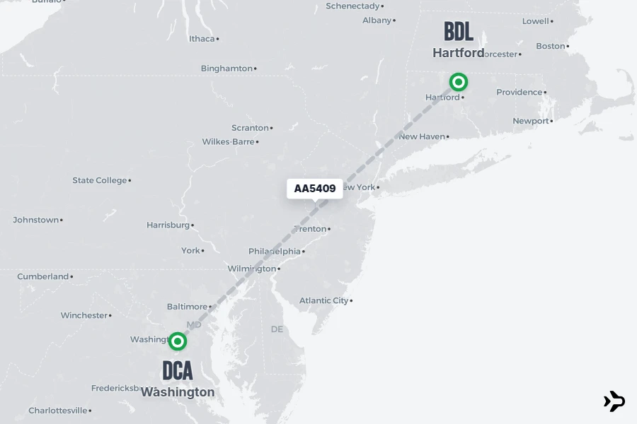 AA5409 flight map from BDL to DCA