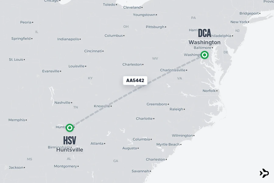 AA5442 flight map from DCA to HSV