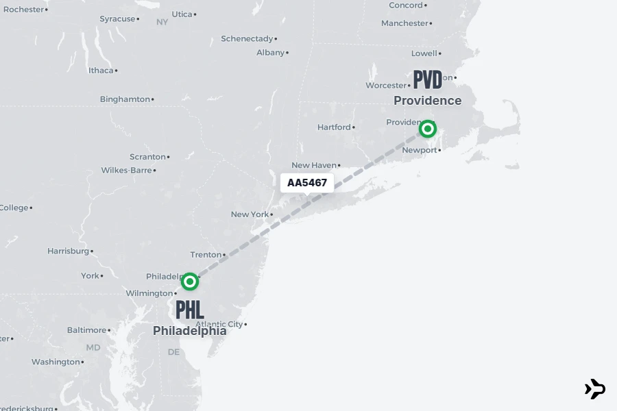 AA5467 flight map from PHL to PVD