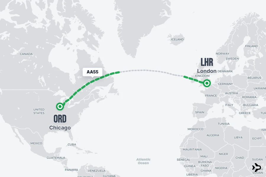 AA55 flight map from LHR to ORD