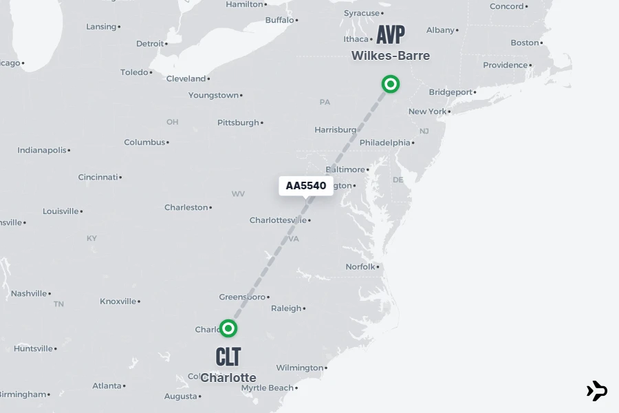AA5540 flight map from AVP to CLT