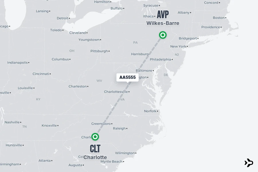 AA5555 flight map from AVP to CLT