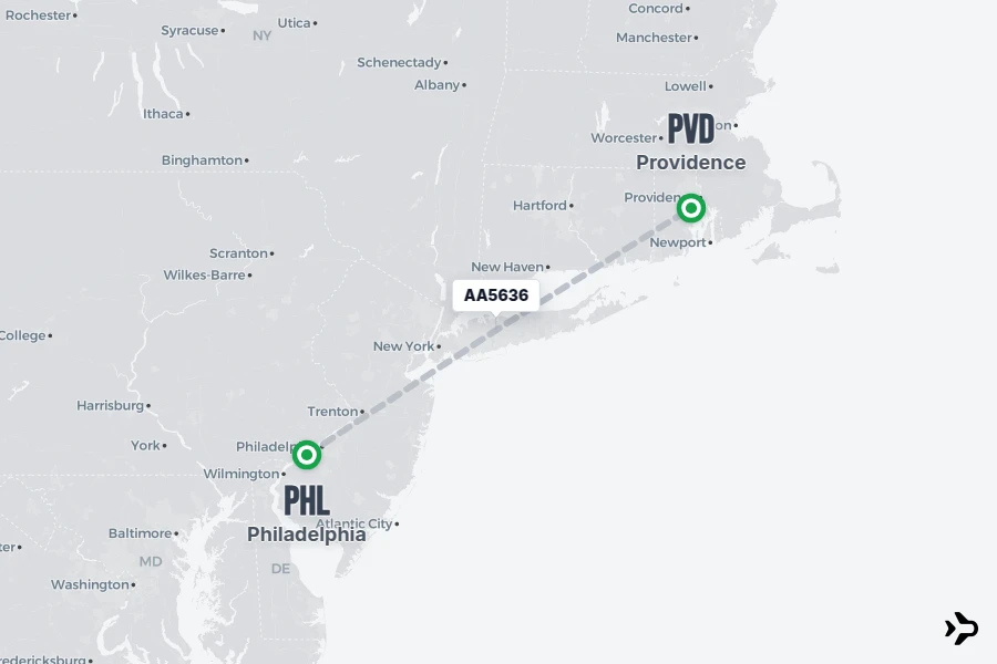 AA5636 flight map from PHL to PVD