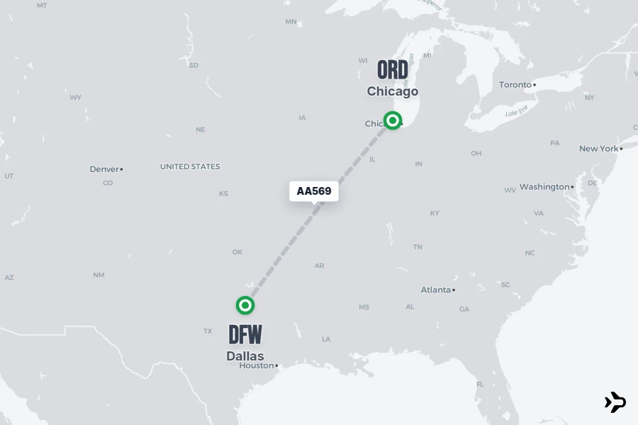 AA569 flight map from ORD to DFW