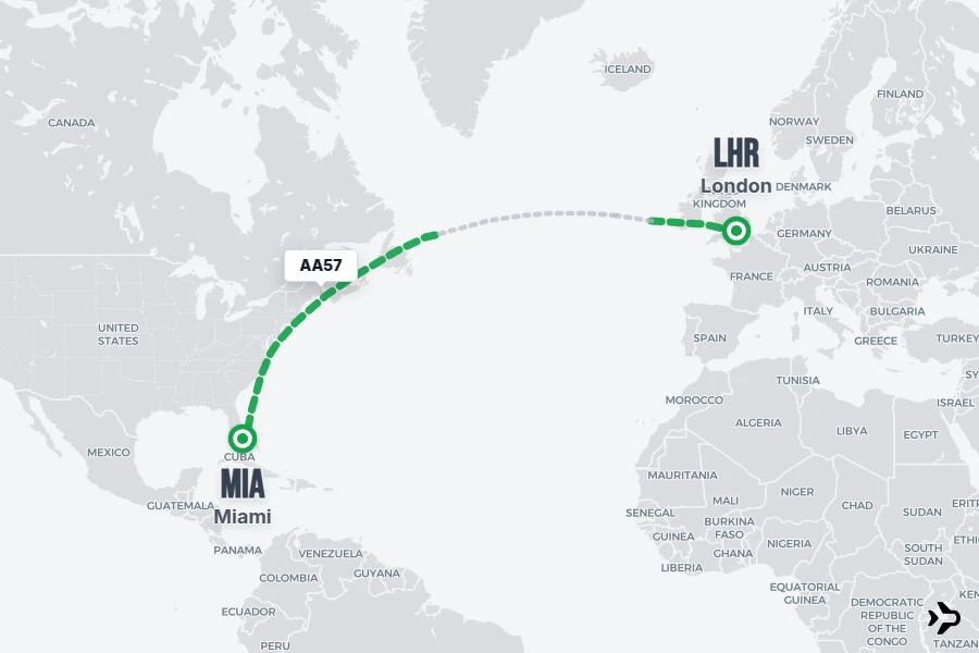 AA57 flight map from LHR to MIA