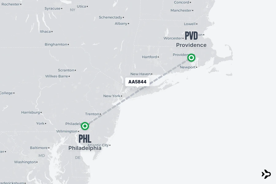 AA5844 flight map from PHL to PVD