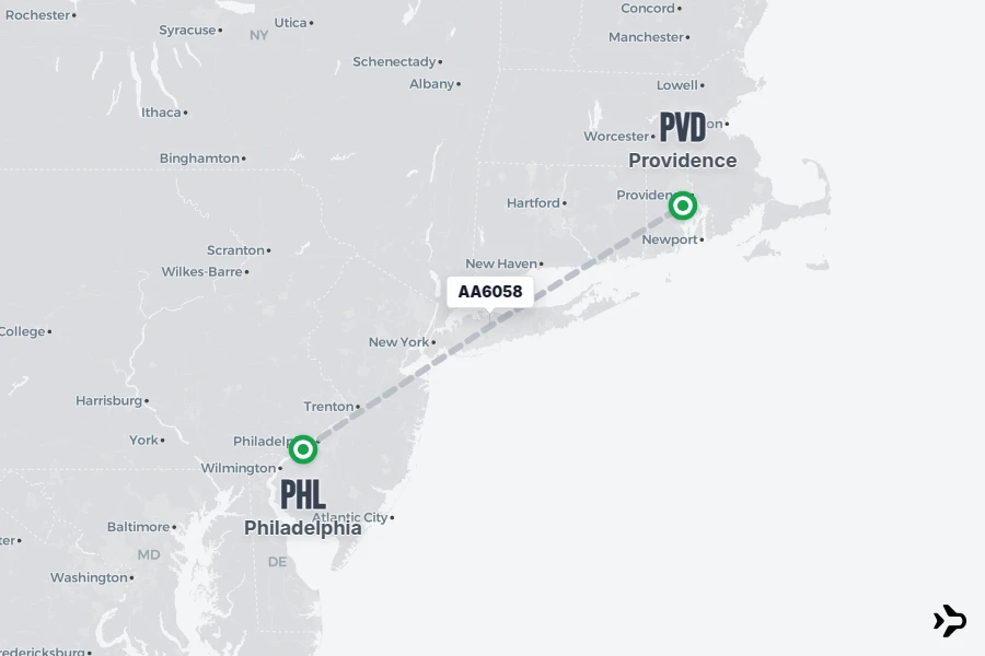 AA6058 flight map from PHL to PVD