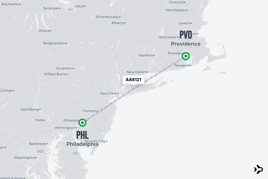 AA6121 flight map from PHL to PVD