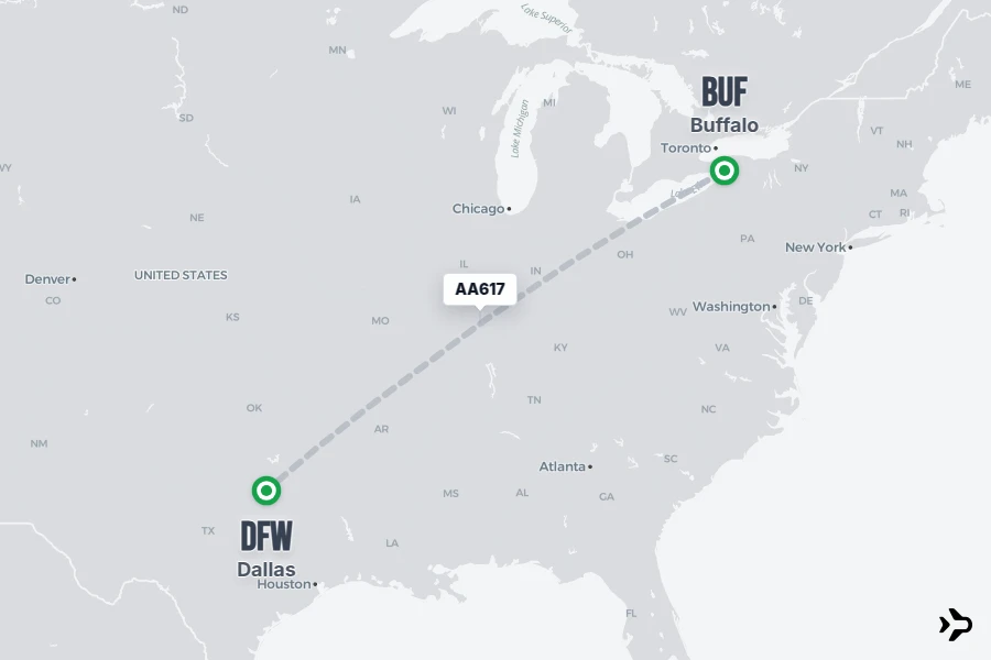 AA617 flight map from BUF to DFW