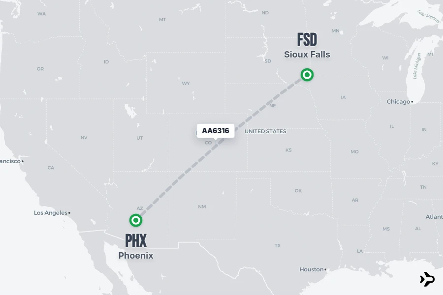 AA6316 flight map from FSD to PHX