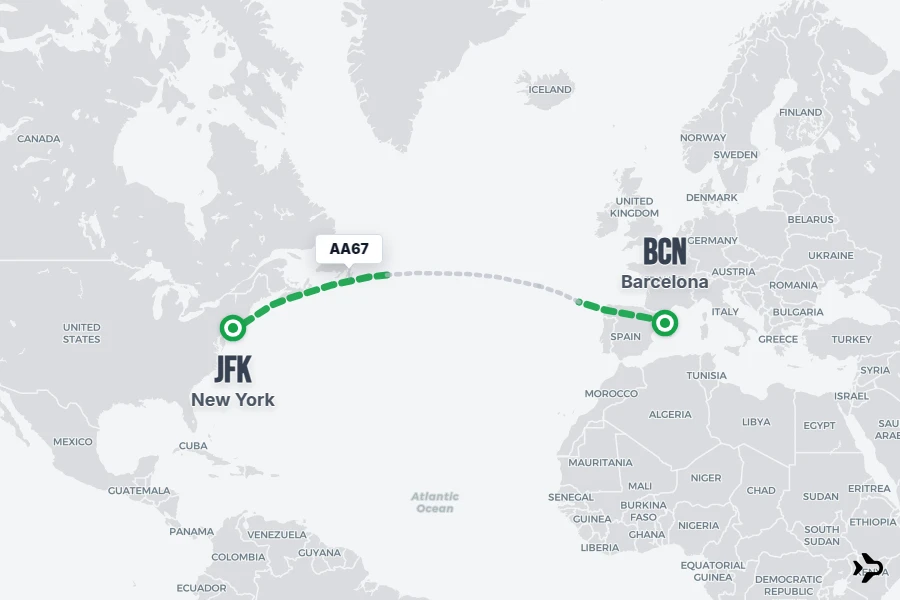 AA67 flight map from BCN to JFK