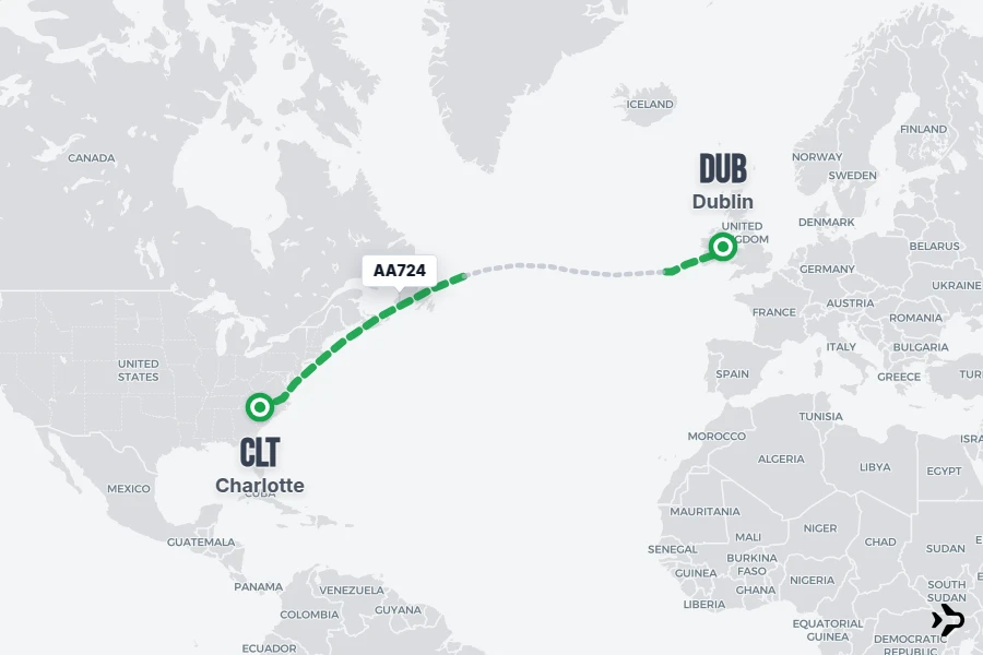 AA724 flight map from CLT to DUB