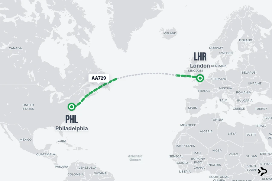 AA729 flight map from LHR to PHL