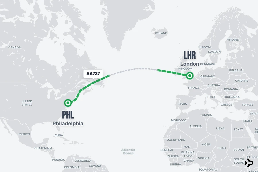 AA737 flight map from LHR to PHL