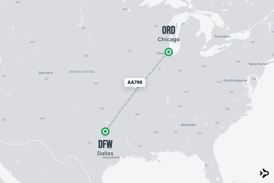 AA798 flight map from ORD to DFW