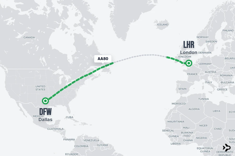 AA80 flight map from DFW to LHR