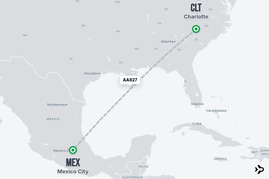 AA827 flight map from CLT to MEX