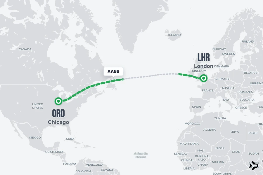 AA86 flight map from ORD to LHR
