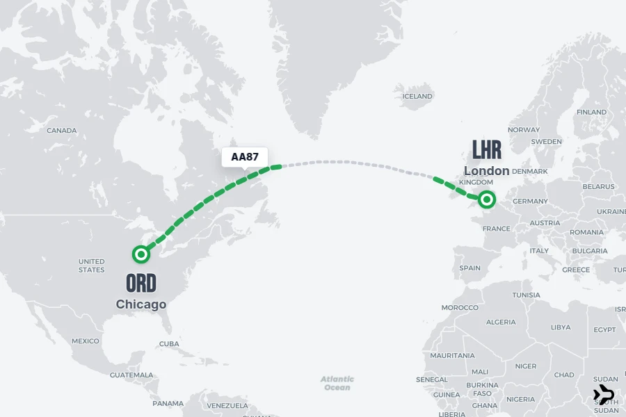 AA87 flight map from LHR to ORD