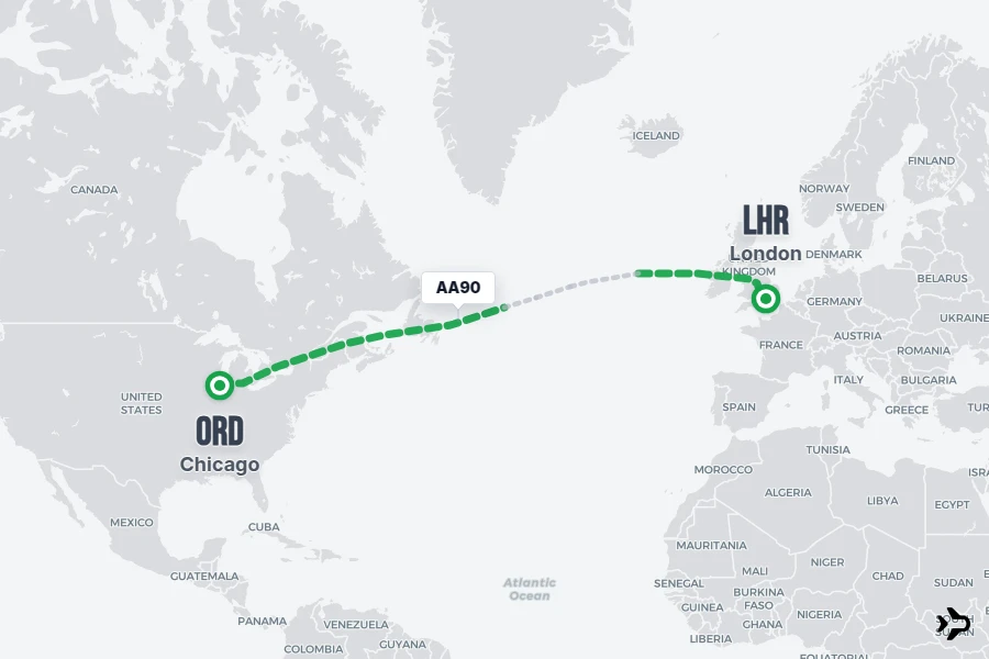 AA90 flight map from ORD to LHR