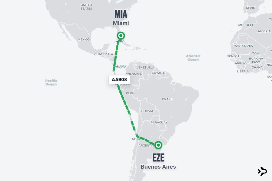 AA908 flight map from EZE to MIA