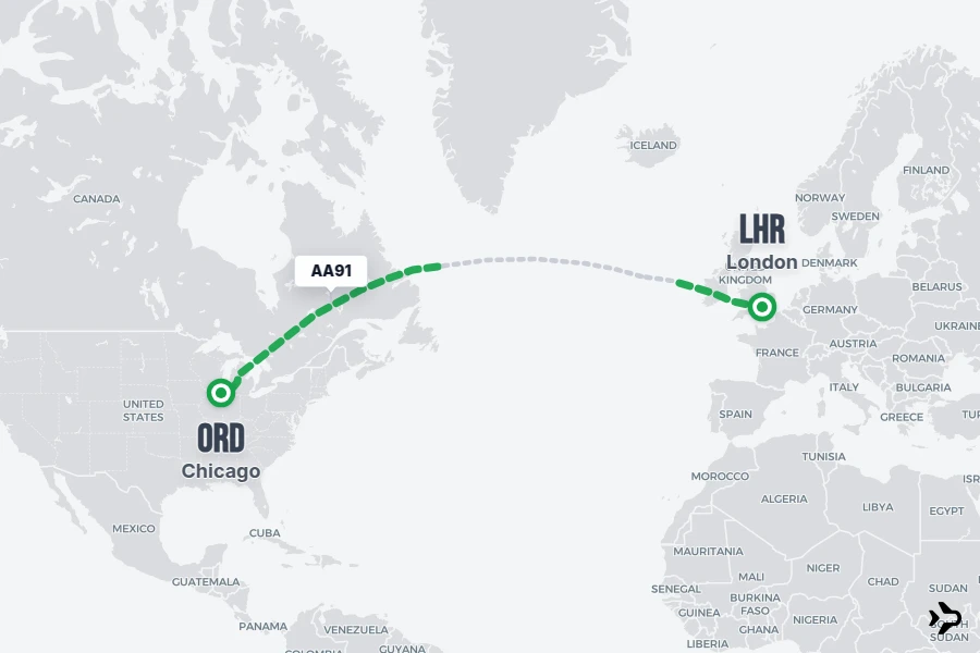 AA91 flight map from LHR to ORD