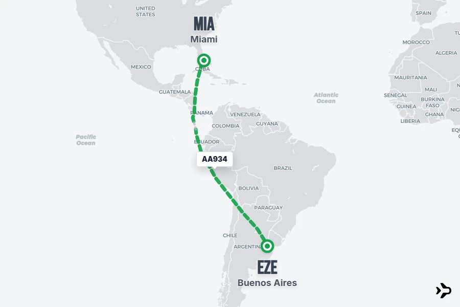 AA934 flight map from EZE to MIA