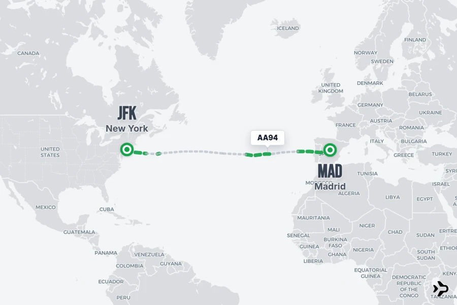 AA94 flight map from JFK to MAD