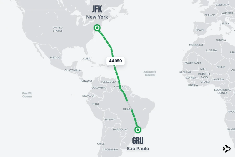 AA950 flight map from GRU to JFK