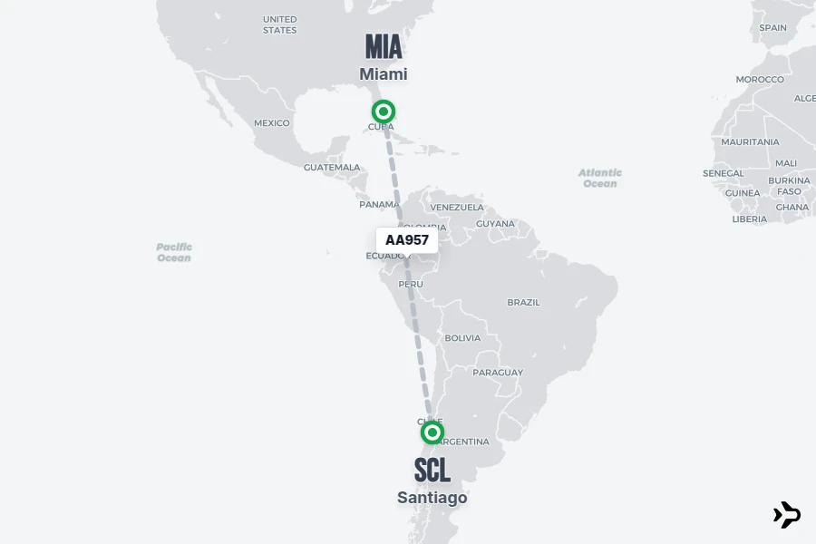 AA957 flight map from MIA to SCL