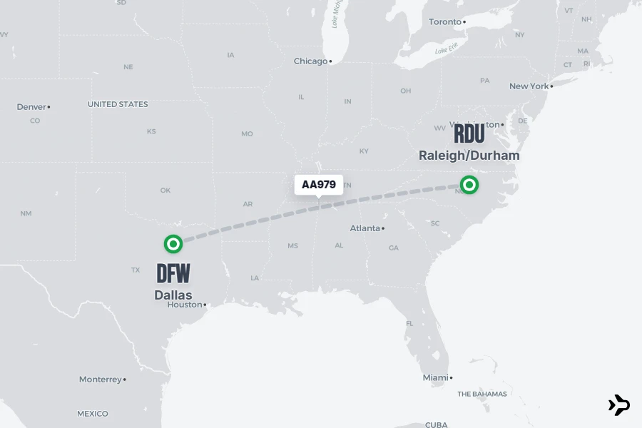 AA979 flight map from DFW to RDU