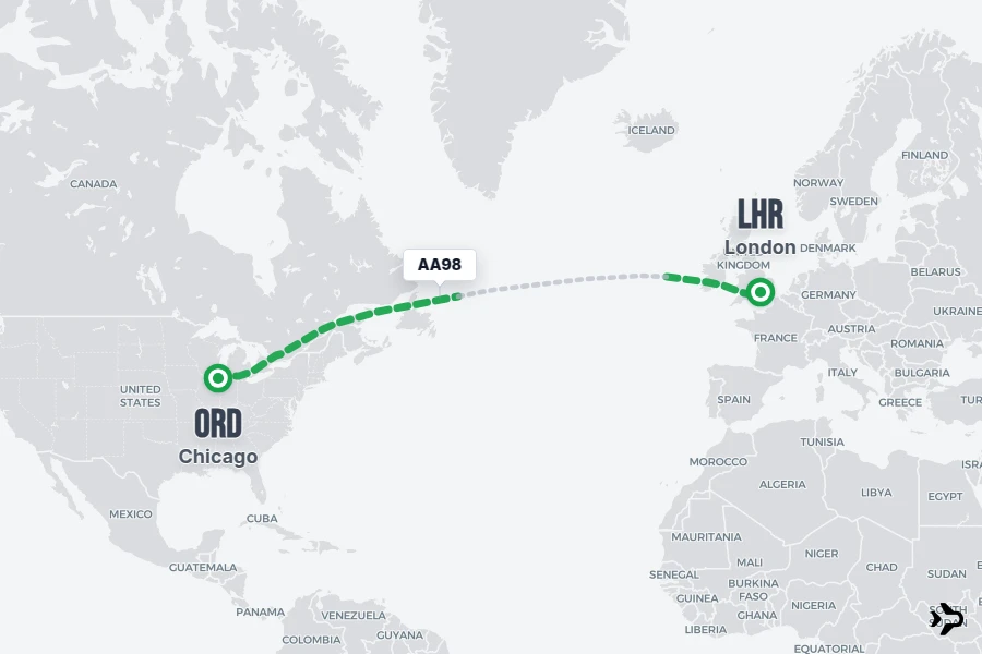 AA98 flight map from ORD to LHR