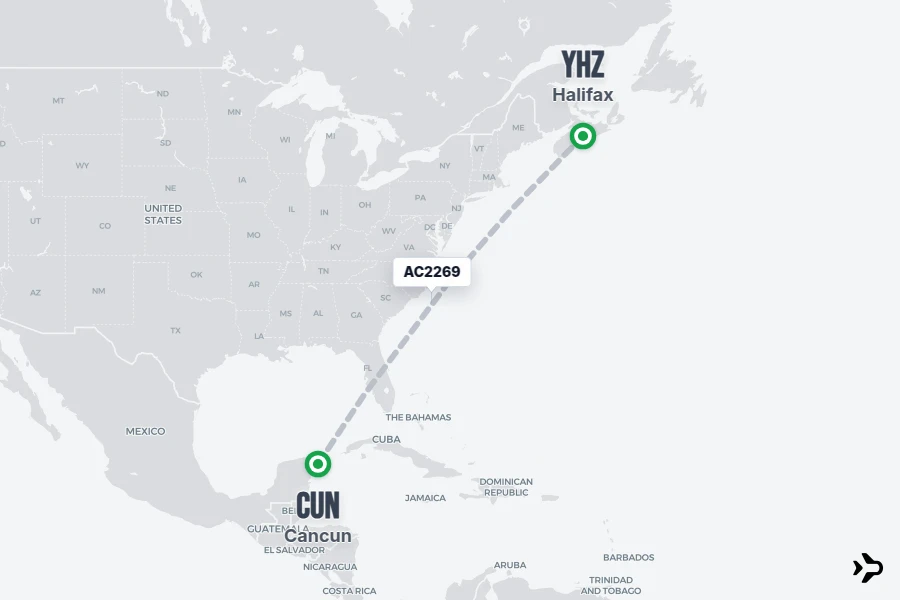 AC2269 flight map from CUN to YHZ