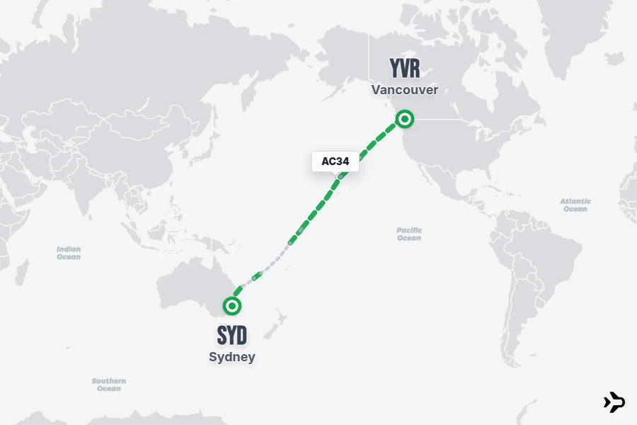 AC34 flight map from SYD to YVR