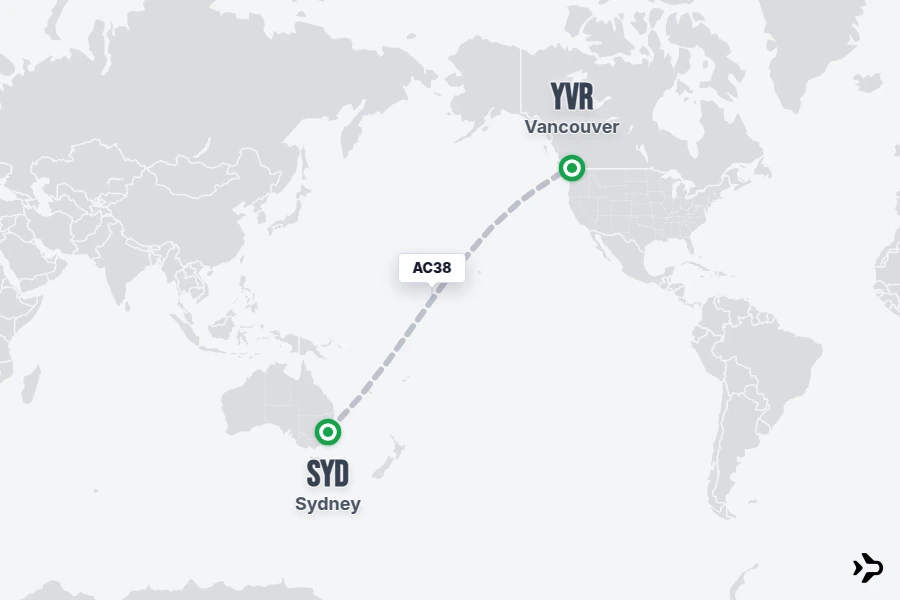 AC38 flight map from SYD to YVR