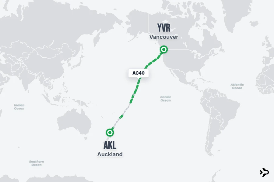 AC40 flight map from AKL to YVR