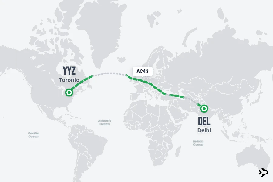 AC43 flight map from DEL to YYZ